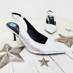 Nicole Miller Securio Metallic Silver Slingback Heels Pointed Cap Toe Size 7.5